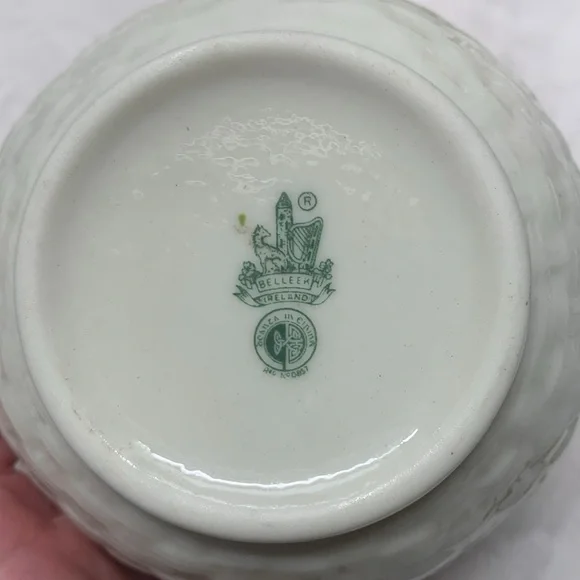 Vintage Belleek Ireland porcelain cream green shamrock vase cream & sugar set.